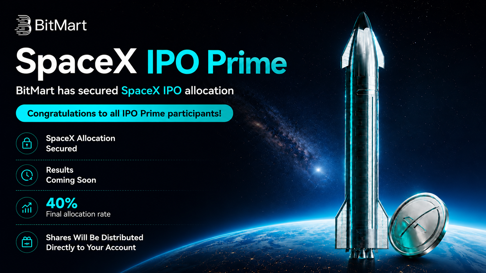BitMart SPACEX 认购用户平均获配40%份额且无锁定期,正式开放交易