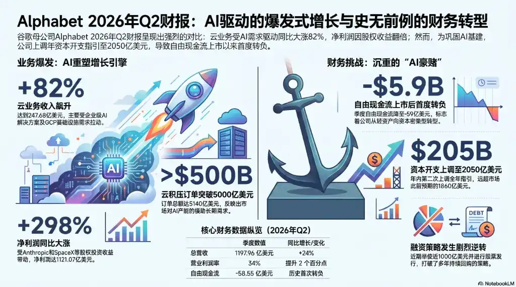 谷歌 Q2 自由现金流首次转负,上调全年资本开支至最高 2050 亿美元,云业务爆发 82% 增长